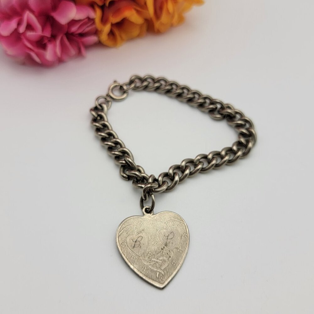 Vintage Germany Silver Tone Heart Charm Sweetheart Bracelet 6.5" BP Bonnie